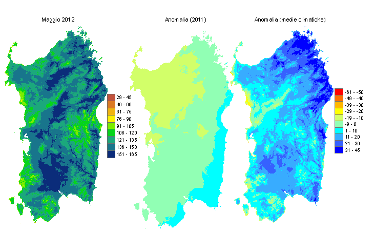 Figura 1 - Mappe di evapotraspirazione di riferimento di maggio 2012 e di anomalia rispetto all'anno precedente e ai valori medi trentennali. Figura 1 - Mappe di evapotraspirazione di riferimento di maggio 2012 e di anomalia rispetto all'anno precedente e ai valori medi trentennali.