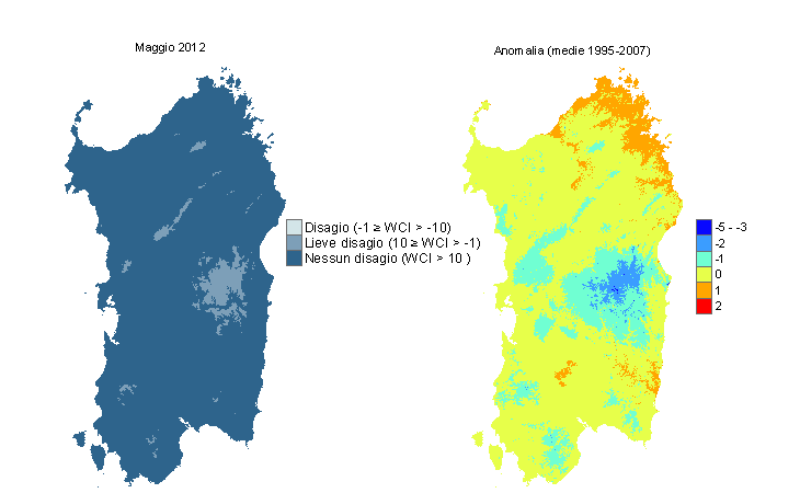 Figura 14 - Mappe di WCI per il mese di maggio 2012 e raffronto con i valori medi del periodo 1995-2007. Figura 14 - Mappe di WCI per il mese di maggio 2012 e raffronto con i valori medi del periodo 1995-2007.