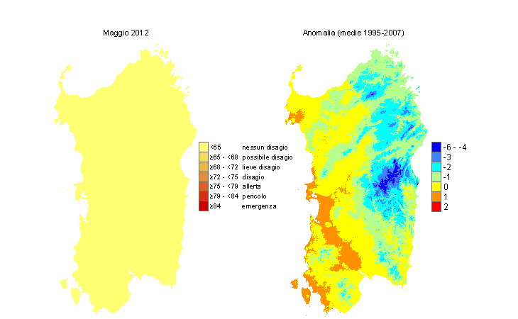 Figura 17 - Mappe di THI per il mese di maggio 2012 e raffronto con i valori medi del periodo 1995-2007. Figura 17 - Mappe di THI per il mese di maggio 2012 e raffronto con i valori medi del periodo 1995-2007.