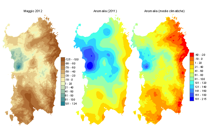 Figura 2 - Mappe di bilancio idro-meteorologico di maggio 2012 e di anomalia rispetto all'anno precedente e ai valori medi trentennali. Figura 2 - Mappe di bilancio idro-meteorologico di maggio 2012 e di anomalia rispetto all'anno precedente e ai valori medi trentennali.