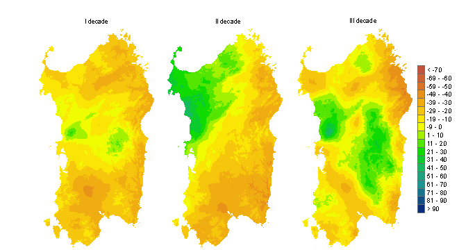 Figura 3 - Mappe di bilancio idro-meteorologico della I, II e III decade di maggio 2012. Figura 3 - Mappe di bilancio idro-meteorologico della I, II e III decade di maggio 2012.