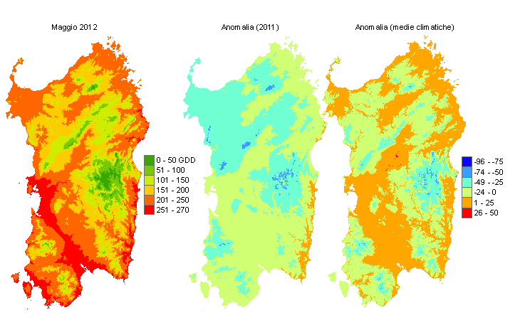 Figura 7 - Mappe di sommatorie termiche in base 10 °C calcolate per il mese di maggio 2012 e raffronto con l'anno precedente e con i valori medi trentennali. Figura 7 - Mappe di sommatorie termiche in base 10 °C calcolate per il mese di maggio 2012 e raffronto con l'anno precedente e con i valori medi trentennali.