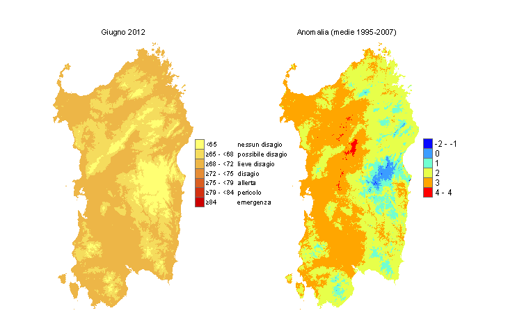 Figura 14 - Mappe di THI per il mese di giugno 2012 e raffronto con i valori medi del periodo 1995-2007. Figura 14 - Mappe di THI per il mese di giugno 2012 e raffronto con i valori medi del periodo 1995-2007.