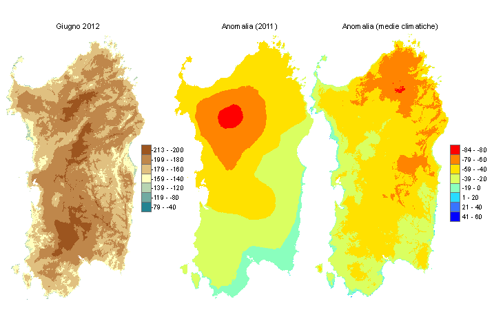 Figura 2 - Mappe di bilancio idro-meteorologico di giugno 2012 e di anomalia rispetto all'anno precedente e ai valori medi trentennali. Figura 2 - Mappe di bilancio idro-meteorologico di giugno 2012 e di anomalia rispetto all'anno precedente e ai valori medi trentennali.
