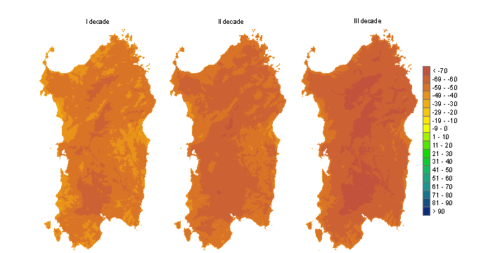 Figura 3 - Mappe di bilancio idro-meteorologico della I, II e III decade di giugno 2012. Figura 3 - Mappe di bilancio idro-meteorologico della I, II e III decade di giugno 2012.