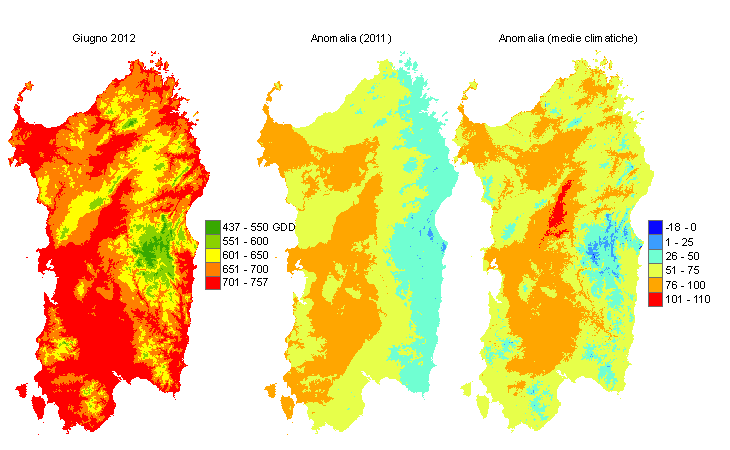 Figura 6 - Mappe di sommatorie termiche in base 0 °C calcolate per il mese di giugno 2012 e raffronto con l'anno precedente e con i valori medi trentennali. Figura 6 - Mappe di sommatorie termiche in base 0 °C calcolate per il mese di giugno 2012 e raffronto con l'anno precedente e con i valori medi trentennali.
