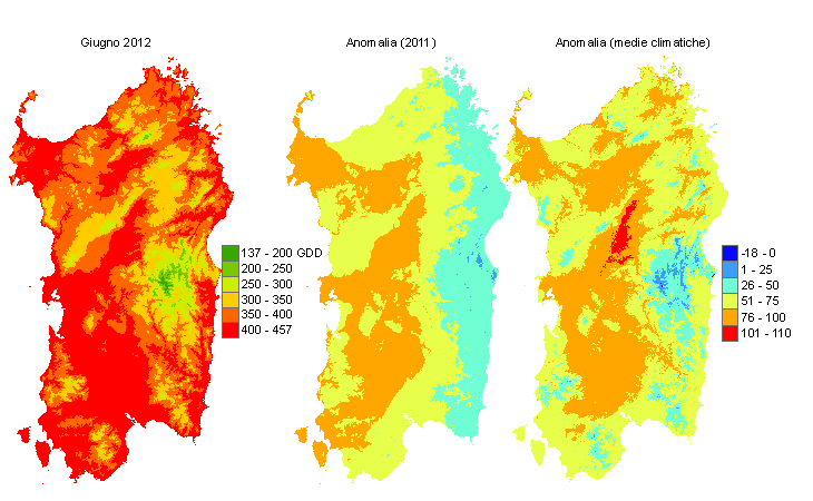 Figura 7 - Mappe di sommatorie termiche in base 10 °C calcolate per il mese di giugno 2012 e raffronto con l'anno precedente e con i valori medi trentennali. Figura 7 - Mappe di sommatorie termiche in base 10 °C calcolate per il mese di giugno 2012 e raffronto con l'anno precedente e con i valori medi trentennali.