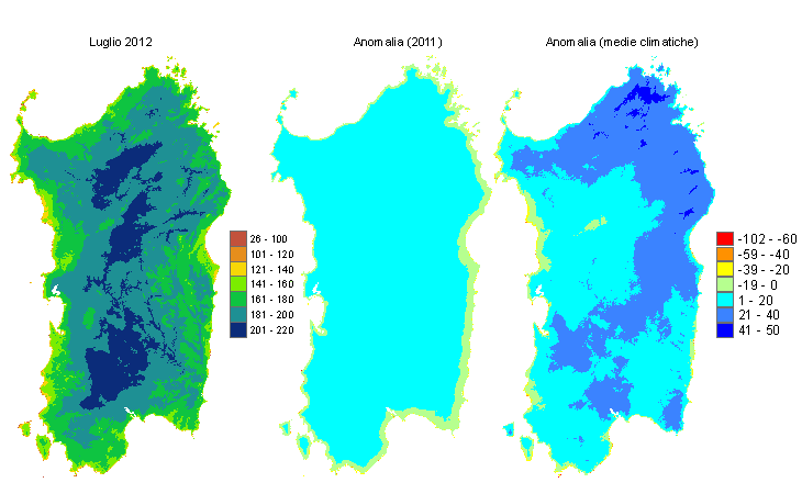 Figura 1 - Mappe di evapotraspirazione di riferimento di luglio 2012 e di anomalia rispetto all'anno precedente e ai valori medi trentennali. Figura 1 - Mappe di evapotraspirazione di riferimento di luglio 2012 e di anomalia rispetto all'anno precedente e ai valori medi trentennali.