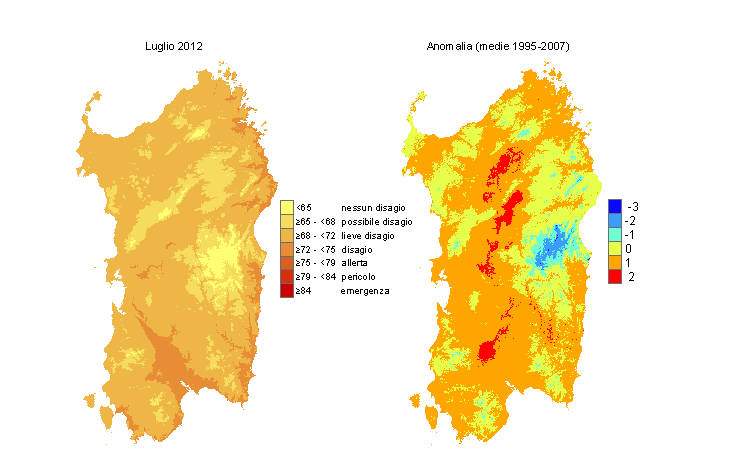 Figura 12 - Mappe di THI per il mese di luglio 2012 e raffronto con i valori medi del periodo 1995-2007. Figura 12 - Mappe di THI per il mese di luglio 2012 e raffronto con i valori medi del periodo 1995-2007.
