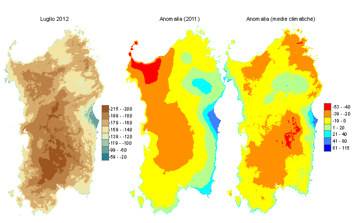 Figura 2 - Mappe di bilancio idro-meteorologico di luglio 2012 e di anomalia rispetto all'anno precedente e ai valori medi trentennali.