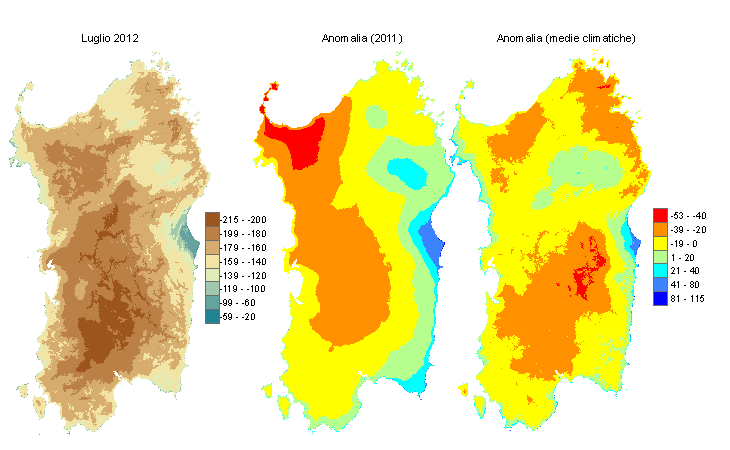 Figura 2 - Mappe di bilancio idro-meteorologico di luglio 2012 e di anomalia rispetto all'anno precedente e ai valori medi trentennali. Figura 2 - Mappe di bilancio idro-meteorologico di luglio 2012 e di anomalia rispetto all'anno precedente e ai valori medi trentennali.