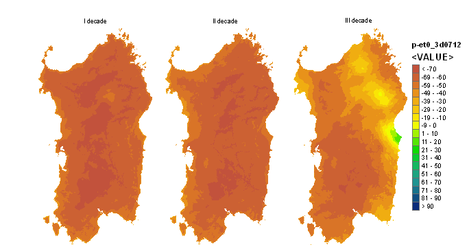 Figura 3 - Mappe di bilancio idro-meteorologico della I, II e III decade di luglio 2012. Figura 3 - Mappe di bilancio idro-meteorologico della I, II e III decade di luglio 2012.