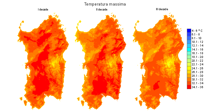 Figura 5 - Valori medi decadali delle temperature massime registrate nel mese di luglio 2012.