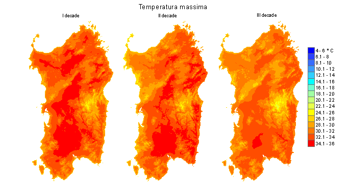 Figura 5 - Valori medi decadali delle temperature massime registrate nel mese di luglio 2012. Figura 5 - Valori medi decadali delle temperature massime registrate nel mese di luglio 2012.