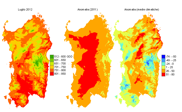 Figura 6 - Mappe di sommatorie termiche in base 0 °C calcolate per il mese di luglio 2012 e raffronto con l'anno precedente e con i valori medi trentennali. Figura 6 - Mappe di sommatorie termiche in base 0 °C calcolate per il mese di luglio 2012 e raffronto con l'anno precedente e con i valori medi trentennali.