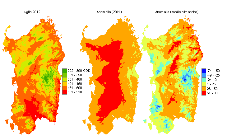 Figura 7 - Mappe di sommatorie termiche in base 10 °C calcolate per il mese di luglio 2012 e raffronto con l'anno precedente e con i valori medi trentennali. Figura 7 - Mappe di sommatorie termiche in base 10 °C calcolate per il mese di luglio 2012 e raffronto con l'anno precedente e con i valori medi trentennali.