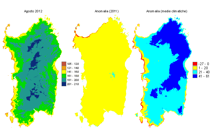Figura 1 - Mappe di evapotraspirazione di riferimento di agosto 2012 e di anomalia rispetto all'anno precedente e ai valori medi trentennali. Figura 1 - Mappe di evapotraspirazione di riferimento di agosto 2012 e di anomalia rispetto all'anno precedente e ai valori medi trentennali.