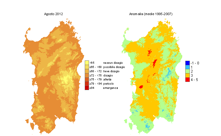 Figura 12 - Mappe di THI per il mese di agosto 2012 e raffronto con i valori medi del periodo 1995-2007. Figura 12 - Mappe di THI per il mese di agosto 2012 e raffronto con i valori medi del periodo 1995-2007.