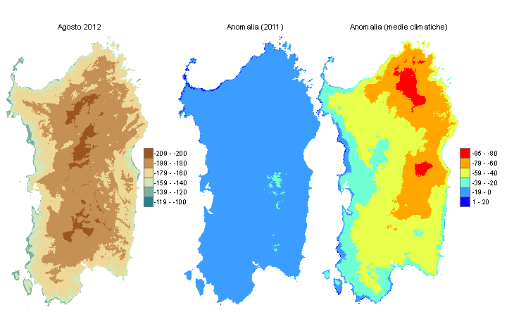 Figura 2 - Mappe di bilancio idro-meteorologico di agosto 2012 e di anomalia rispetto all'anno precedente e ai valori medi trentennali. Figura 2 - Mappe di bilancio idro-meteorologico di agosto 2012 e di anomalia rispetto all'anno precedente e ai valori medi trentennali.