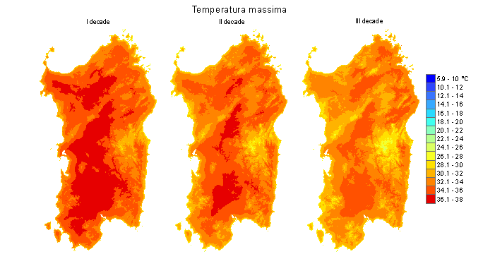 Figura 5 - Valori medi decadali delle temperature massime registrate nel mese di agosto 2012.