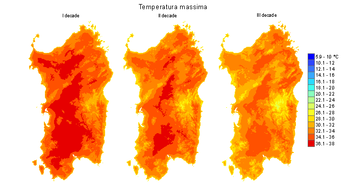 Figura 5 - Valori medi decadali delle temperature massime registrate nel mese di agosto 2012. Figura 5 - Valori medi decadali delle temperature massime registrate nel mese di agosto 2012.