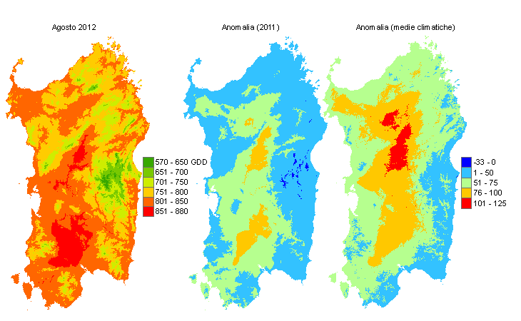Figura 6 - Mappe di sommatorie termiche in base 0 °C calcolate per il mese di agosto 2012 e raffronto con l'anno precedente e con i valori medi trentennali. Figura 6 - Mappe di sommatorie termiche in base 0 °C calcolate per il mese di agosto 2012 e raffronto con l'anno precedente e con i valori medi trentennali.