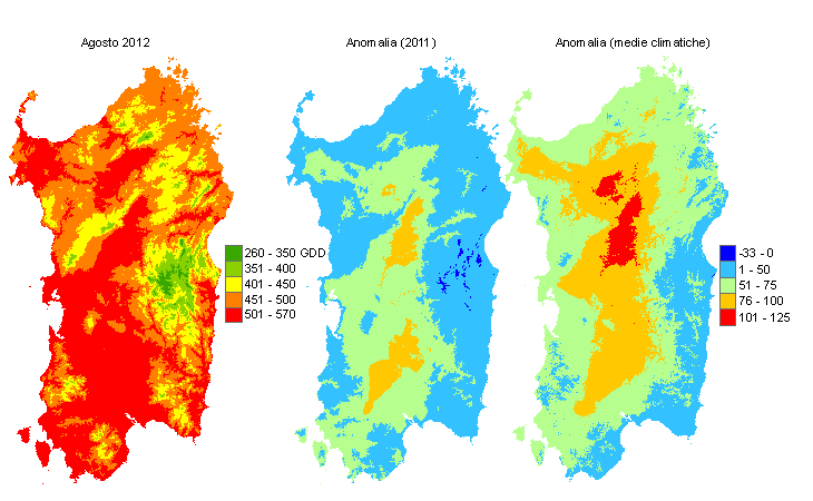Figura 7 - Mappe di sommatorie termiche in base 10 °C calcolate per il mese di agosto 2012 e raffronto con l'anno precedente e con i valori medi trentennali. Figura 7 - Mappe di sommatorie termiche in base 10 °C calcolate per il mese di agosto 2012 e raffronto con l'anno precedente e con i valori medi trentennali.