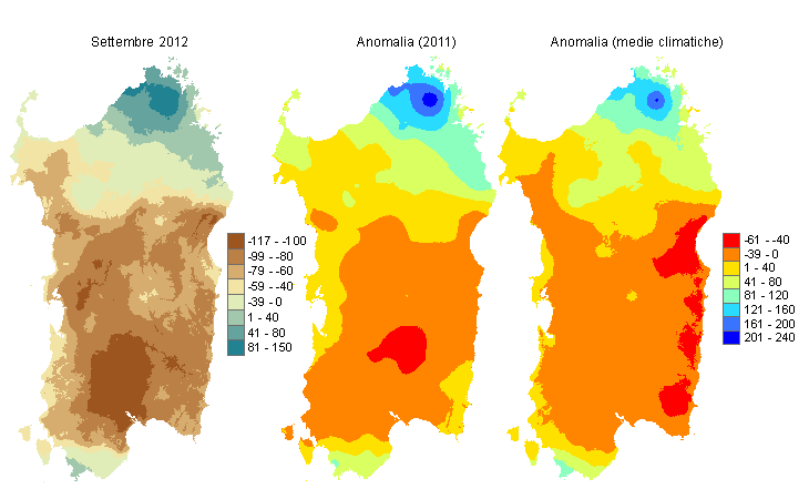 Figura 2 - Mappe di bilancio idro-meteorologico di settembre 2012 e di anomalia rispetto all'anno precedente e ai valori medi trentennali.
