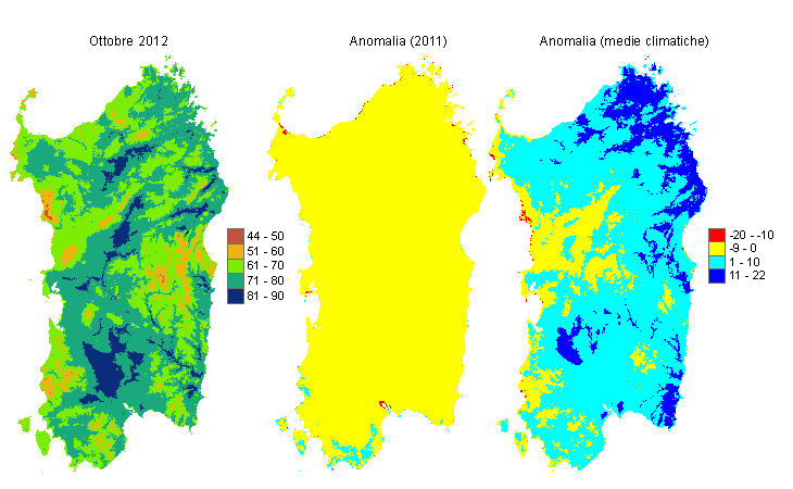 Figura 1 - Mappe di evapotraspirazione di riferimento di ottobre 2012 e di anomalia rispetto all'anno precedente e ai valori medi trentennali. Figura 1 - Mappe di evapotraspirazione di riferimento di ottobre 2012 e di anomalia rispetto all'anno precedente e ai valori medi trentennali.