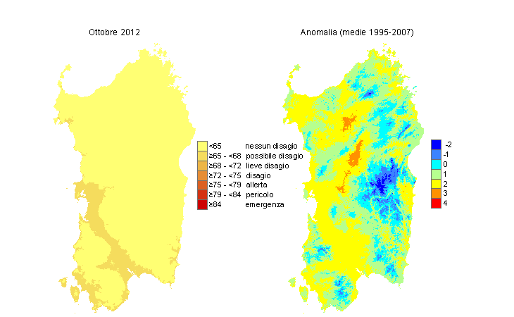Figura 14 - Mappe di THI per il mese di ottobre 2012 e raffronto con i valori medi del periodo 1995-2007. Figura 14 - Mappe di THI per il mese di ottobre 2012 e raffronto con i valori medi del periodo 1995-2007.