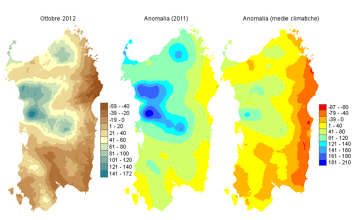 Figura 2 - Mappe di bilancio idro-meteorologico di ottobre 2012 e di anomalia rispetto all'anno precedente e ai valori medi trentennali. Figura 2 - Mappe di bilancio idro-meteorologico di ottobre 2012 e di anomalia rispetto all'anno precedente e ai valori medi trentennali.