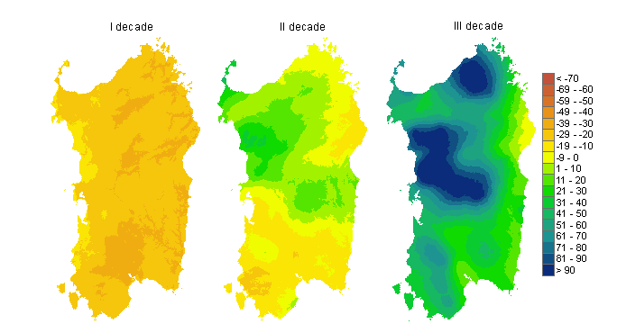 Figura 3 - Mappe di bilancio idro-meteorologico della I, II e III decade di ottobre 2012. Figura 3 - Mappe di bilancio idro-meteorologico della I, II e III decade di ottobre 2012.