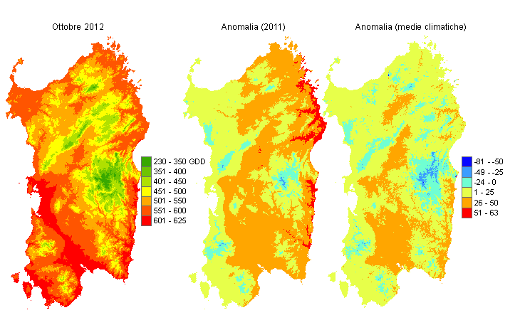 Figura 8 - Mappe di sommatorie termiche in base 0 °C calcolate per il mese di ottobre 2012 e raffronto con l'anno precedente e con i valori medi trentennali. Figura 8 - Mappe di sommatorie termiche in base 0 °C calcolate per il mese di ottobre 2012 e raffronto con l'anno precedente e con i valori medi trentennali.