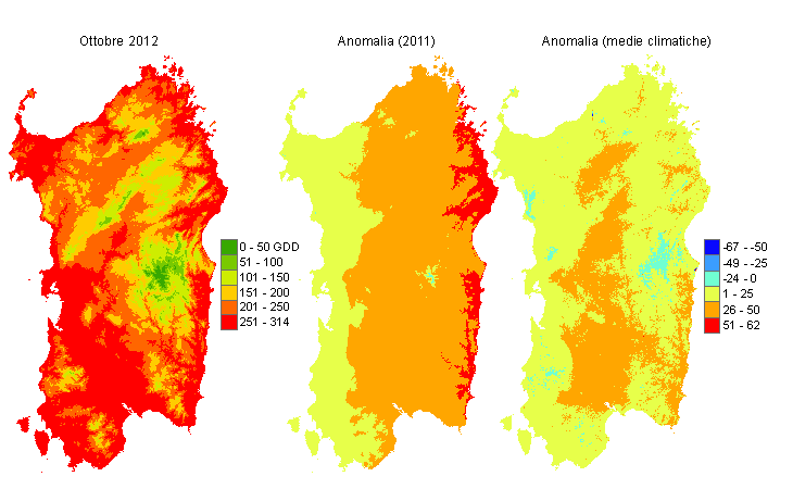 Figura 9 - Mappe di sommatorie termiche in base 10 °C calcolate per il mese di ottobre 2012 e raffronto con l'anno precedente e con i valori medi trentennali. Figura 9 - Mappe di sommatorie termiche in base 10 °C calcolate per il mese di ottobre 2012 e raffronto con l'anno precedente e con i valori medi trentennali.