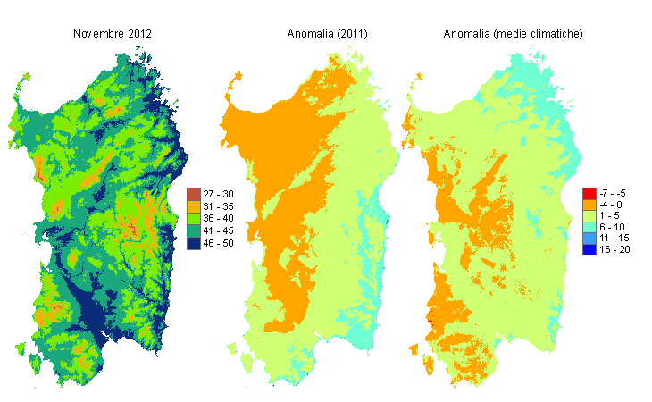 Figura 1 - Mappe di evapotraspirazione di riferimento di novembre 2012 e di anomalia rispetto all'anno precedente e ai valori medi trentennali. Figura 1 - Mappe di evapotraspirazione di riferimento di novembre 2012 e di anomalia rispetto all'anno precedente e ai valori medi trentennali.