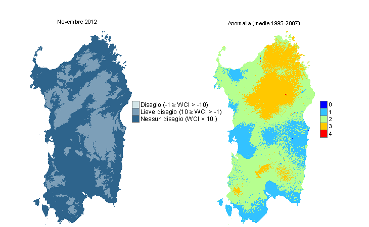 Figura 12 - Mappe di WCI per il mese di novembre 2012 e raffronto con i valori medi del periodo 1995-2007. Figura 12 - Mappe di WCI per il mese di novembre 2012 e raffronto con i valori medi del periodo 1995-2007.