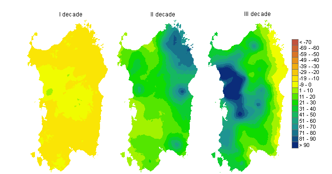 Figura 3 - Mappe di bilancio idro-meteorologico della I, II e III decade di novembre 2012. Figura 3 - Mappe di bilancio idro-meteorologico della I, II e III decade di novembre 2012.