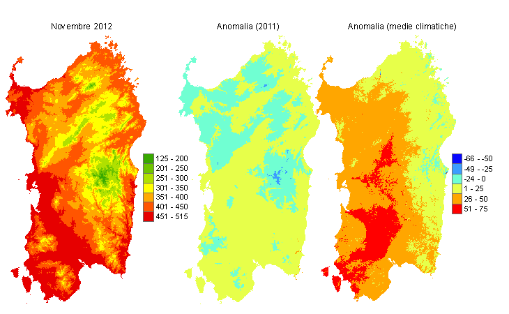 Figura 6 - Mappe di sommatorie termiche in base 0 °C calcolate per il mese di novembre 2012 e raffronto con l'anno precedente e con i valori medi trentennali. Figura 6 - Mappe di sommatorie termiche in base 0 °C calcolate per il mese di novembre 2012 e raffronto con l'anno precedente e con i valori medi trentennali.