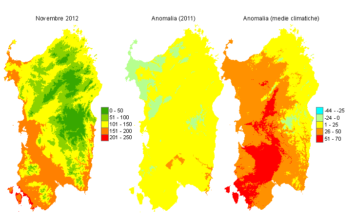Figura 7 - Mappe di sommatorie termiche in base 10 °C calcolate per il mese di novembre 2012 e raffronto con l'anno precedente e con i valori medi trentennali. Figura 7 - Mappe di sommatorie termiche in base 10 °C calcolate per il mese di novembre 2012 e raffronto con l'anno precedente e con i valori medi trentennali.